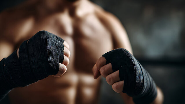Muscular fighter's hands wrapped in black tape, clenched fists ready for boxing or training, with blurred torso.