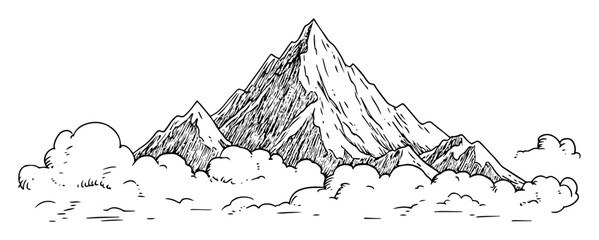 monochrome hand-drawn vector sketch of tall mountain peak emerging from clouds
