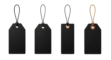 Four blank black price tags with strings, isolated on transparent background