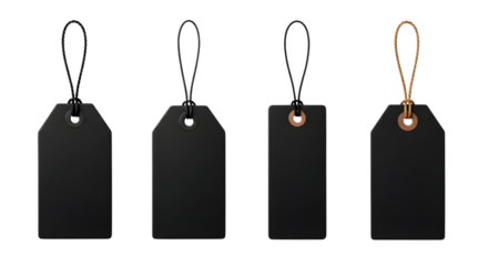 Four blank black price tags with strings, isolated on transparent background