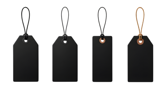 Four blank black price tags with strings, isolated on transparent background - Powered by Adobe