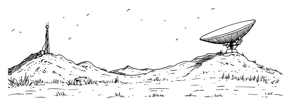 hand-drawn vector illustration of satellite dish and telecom tower on mountain landscape