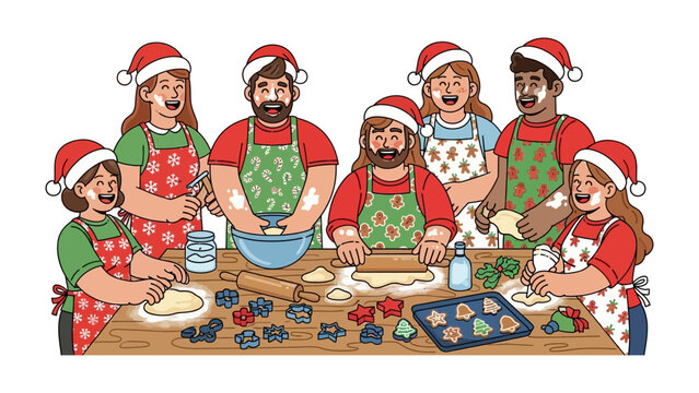 Christmas Kitchen Crew: A heartwarming scene unfolds as a group of people, donned in festive attire, come together to bake cookies, creating a joyous atmosphere and spreading holiday cheer.
