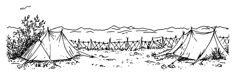 monochrome hand-drawn vector sketch of military tents behind barbed wire in desert landscape
