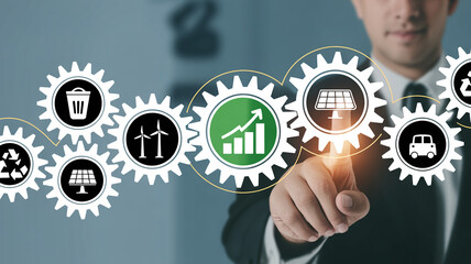 Business gears with renewable energy and growth icons solar panel wind turbine