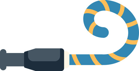 Blue party blower with yellow stripes is making noise for celebrating a birthday