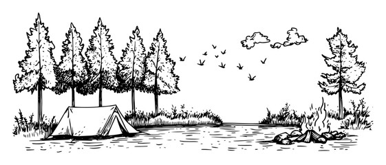 Fototapeta premium hand-drawn vector illustration of forest campsite with tent and campfire