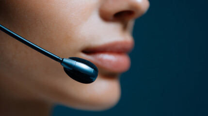 A close up of a woman's face wearing a headset microphone, with the background blurred in blue and brown tones