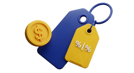 A 3d render of a blue price tag and a yellow discount tag with percentage symbols, next to a gold coin with a dollar sign, isolated on transparent background