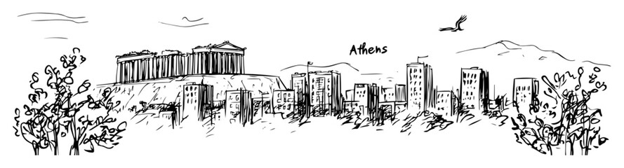 hand-drawn vector illustration of athens cityscape with parthenon and modern buildings