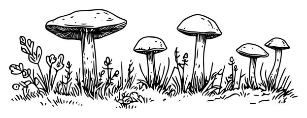 hand-drawn vector illustration of wild mushrooms in forest grass in outline style
