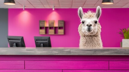 Friendly llama receptionist welcoming guests in a vibrant pink office setting with modern decor