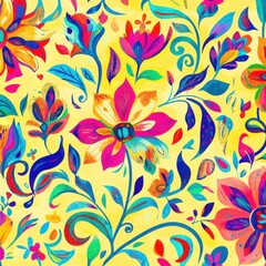 Vibrant abstract floral pattern with swirling colors and bold designs
