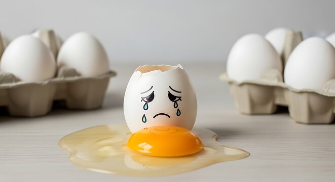 Sad cracked egg with a drawn face and tears sits on a wooden surface table