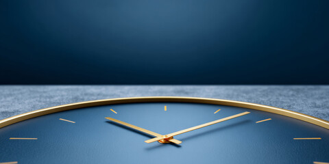 A gold clock with a blue face and golden hands indicates that it is almost time for lunchtime, as the minute hand points to just past the number ten on its way toward eleven.