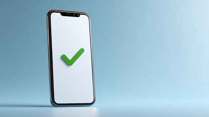 A smartphone with a green check mark on the screen is displayed against a blue background