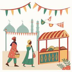 Fototapeta premium People shopping at a vibrant market with mosques in the background