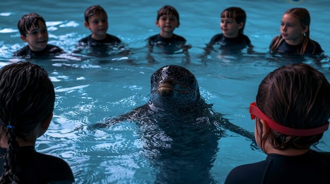 Engaging interactions between children and a seal in a swimming pool during a marine education session
