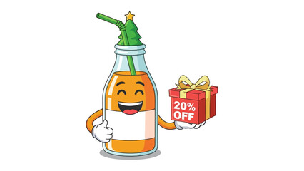 Festive Gift with Juice: A cheerful cartoon juice bottle, adorned with a Christmas tree straw, offers a gift box with a discount, radiating festive cheer. 