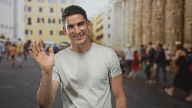 Man waving hand in old town street near stone building, smiling and looking at camera; welcoming greeting.