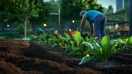 Gardener working in urban community garden, nurturing spinach plants in outdoor setting during daylight