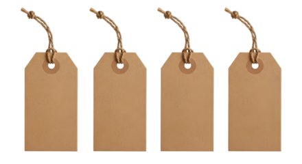 Four blank brown kraft paper gift tags with string, isolated on transparent background
