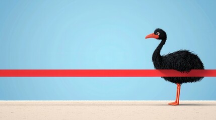 Cartoon ostrich standing beside a red finish line on a light blue background, illustrating determination and competition