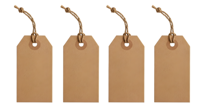 Four blank brown kraft paper gift tags with string, isolated on transparent background