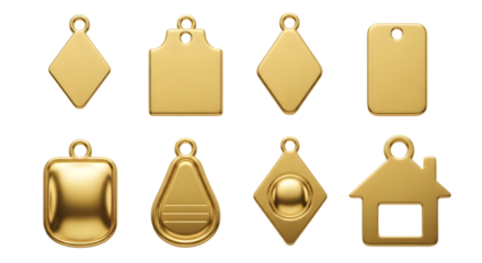 Collection of eight different gold blank charms and pendants isolated on transparent background, including square, diamond, house, and teardrop shapes, ready for engraving or personalization