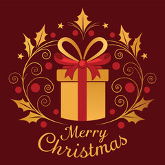 Elegant Christmas Card Vector Golden Gift Box Red Background Holiday Greeting