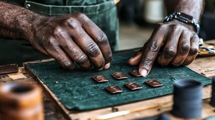 Craftsman skillfully arranging handmade leather pieces on a workbench in a workshop setting