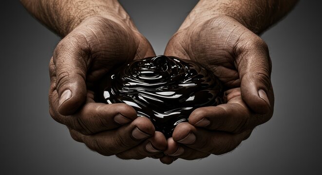 Rough, dark, viscous substance held in the hands of a person with dirty hands.