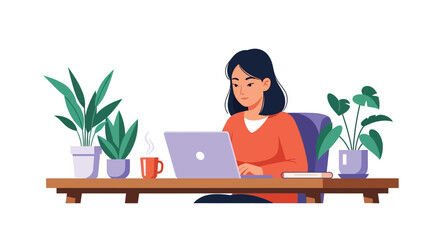 Woman working on a laptop at a desk with plants around