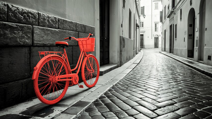 Red bicycle on a street in florence, italy, is a selective color image with a vintage feel