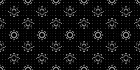 Floral Seamless Pattern Monochrome Black Background Outline Flowers and Tiny Dot grid Abstract Minimal Vector Design