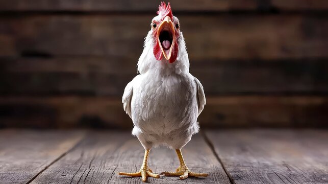Vibrant white rooster crowing proudly against a rustic wooden backdrop, showcasing its colorful feathers and strong stance