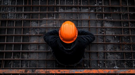 Construction worker inspecting steel reinforcements at a building site from above