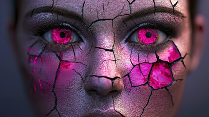 Close-up of a surreal cracked face with glowing pink eyes and intricate details in a dark artistic setting
