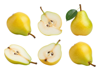 Fresh yellow pears, whole and sliced, arranged against transparent background