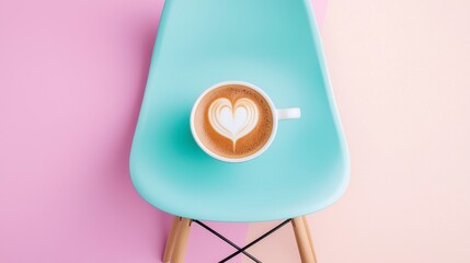 Top view of a coffee cup with heart-shaped latte art on a pastel-colored chair