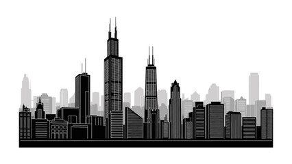 Chicago City Skyline: An elegant monochrome silhouette of the Chicago skyline, featuring iconic skyscrapers that define the urban landscape.