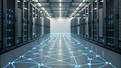 A modern data center corridor featuring server racks and illuminated flooring, symbolizing advanced technology and connectivity.