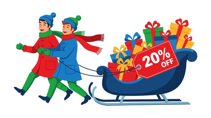 Festive Shopping Sleigh Ride: Two cheerful individuals pulling a sleigh laden with brightly wrapped gifts, adorned with a tempting 20% Off sale tag.