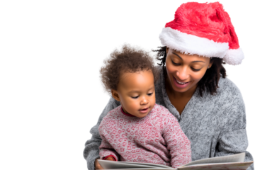 spanish ethnicity adult mother reading a book to a 18 month - 2 year old toddler; both isolated over white (transparent) background