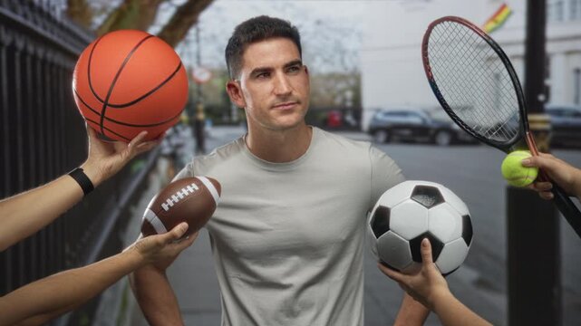 Man standing with neutral expression holding a soccer ball and a basketball while multiple hands offer a football and a tennis racket to him on city street; sport choices determination. - Powered by Adobe