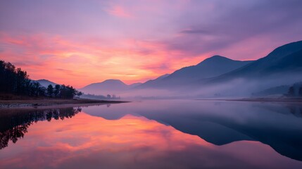 Obraz premium Calm mountain landscape at sunrise with pink and orange clouds reflecting beautifully