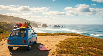 Vintage car on a coastal viewpoint with surfboards and luggage, ready for a summer adventure.
