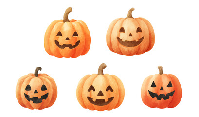 Watercolor Illustration Set of Classic Smiling Jack-o'-Lanterns with Traditional Carved Faces for Halloween Decor