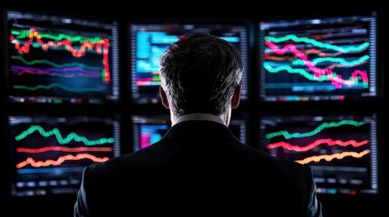Businessman analyzing complex financial data on multiple screens in a trading room environment