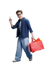 Retail therapy discovery: A stylish man, clutching vibrant shopping bags, strides forward with a...